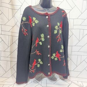 Coldwater Creek Black Cardigan Sweater Ugly Christmas Red Cardinals Sz 2X